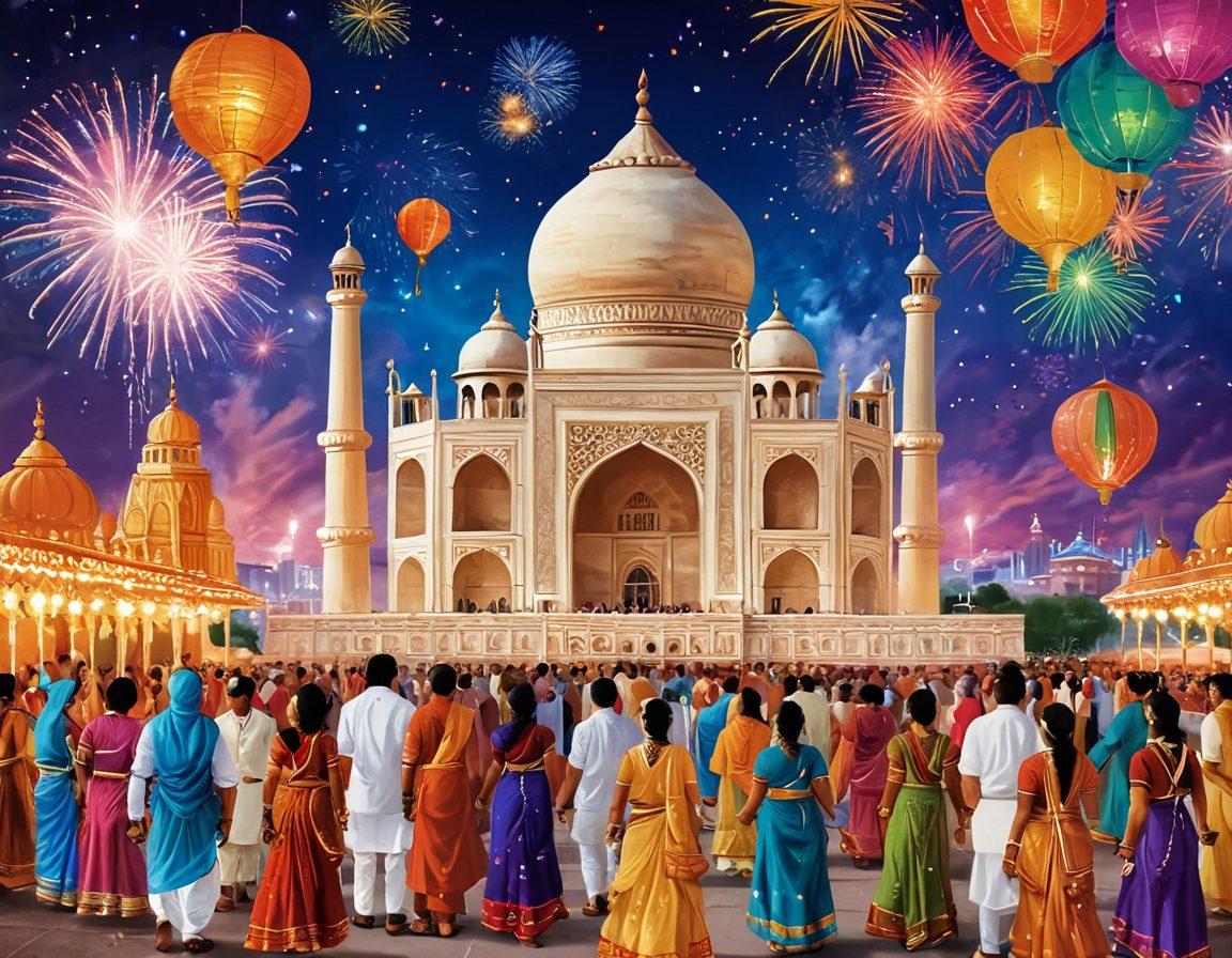 A vibrant Indian festival scene showcasing colorful decorations, traditional dancers in ornate costumes, and families celebrating with sweets and flowers. The backdrop features iconic Indian landmarks like the Taj Mahal and local marketplace stalls, all under a festive sky filled with lanterns and fireworks. Lively expressions and cultural symbols should be emphasized to capture the essence of India's rich culture. super-realistic. vibrant colors. festive atmosphere.