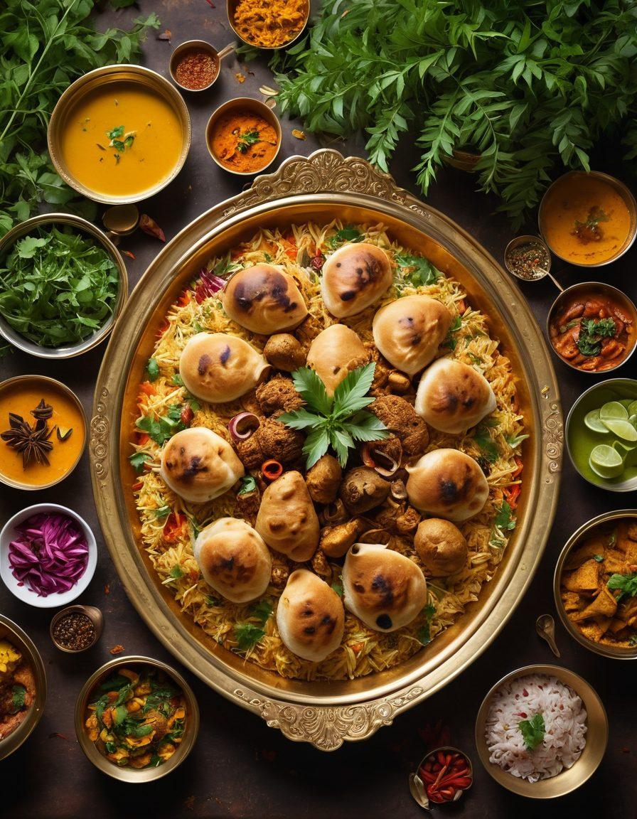 A beautifully arranged Indian feast featuring an array of colorful dishes like biryani, naan, and vibrant curries, surrounded by decorative brass utensils and aromatic spices scattered artistically. Soft golden lighting to evoke warmth, with a lush green plant in the background for contrast, inviting viewers into a sensory experience. super-realistic. vibrant colors. warm lighting.