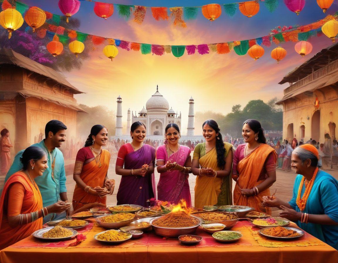 A vibrant scene showcasing a traditional Indian festival celebration, with colorful decorations, joyful people wearing festive attire, and a variety of Indian cuisines beautifully arranged on a table. The background should feature iconic Indian landmarks and a festive atmosphere with lanterns and flowers. Include elements like dancing, music instruments, and happy faces to capture the essence of joy in Indian culture. super-realistic. vibrant colors. festive vibe.